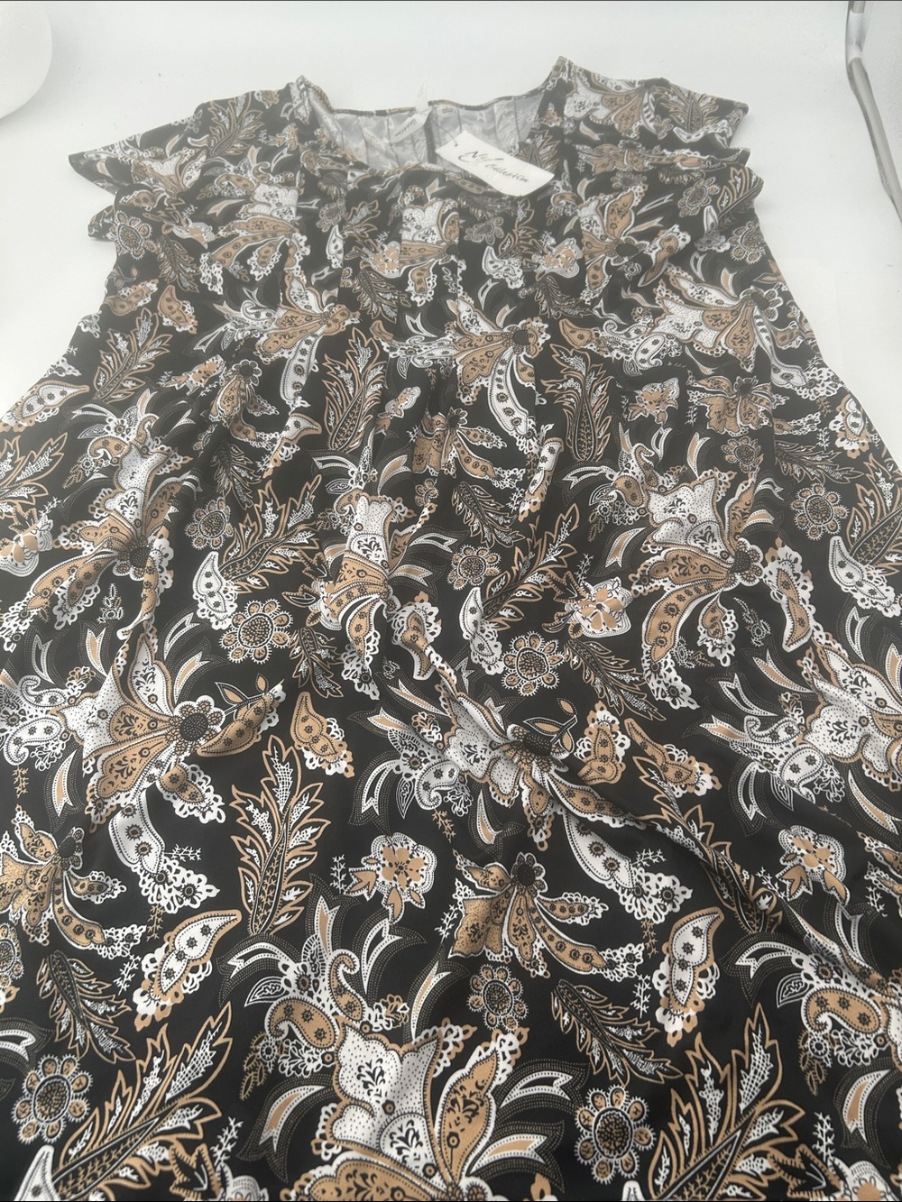 NY Collection Black Paisley dress with Tan & White Accents